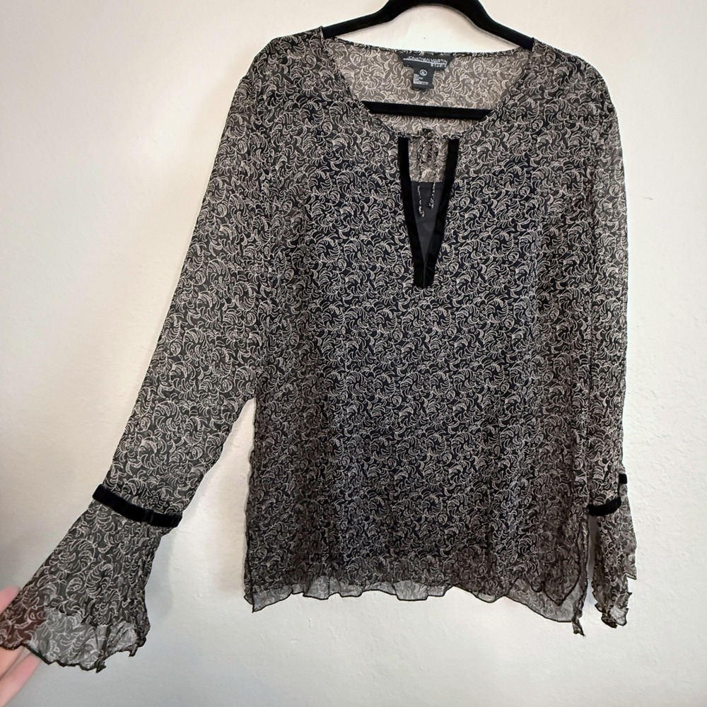 VTG Whimsigoth Fairy Grunge Y2K Sheer Silk Top Bell Sleeve Women XL Retro Career - Picture 1 of 7